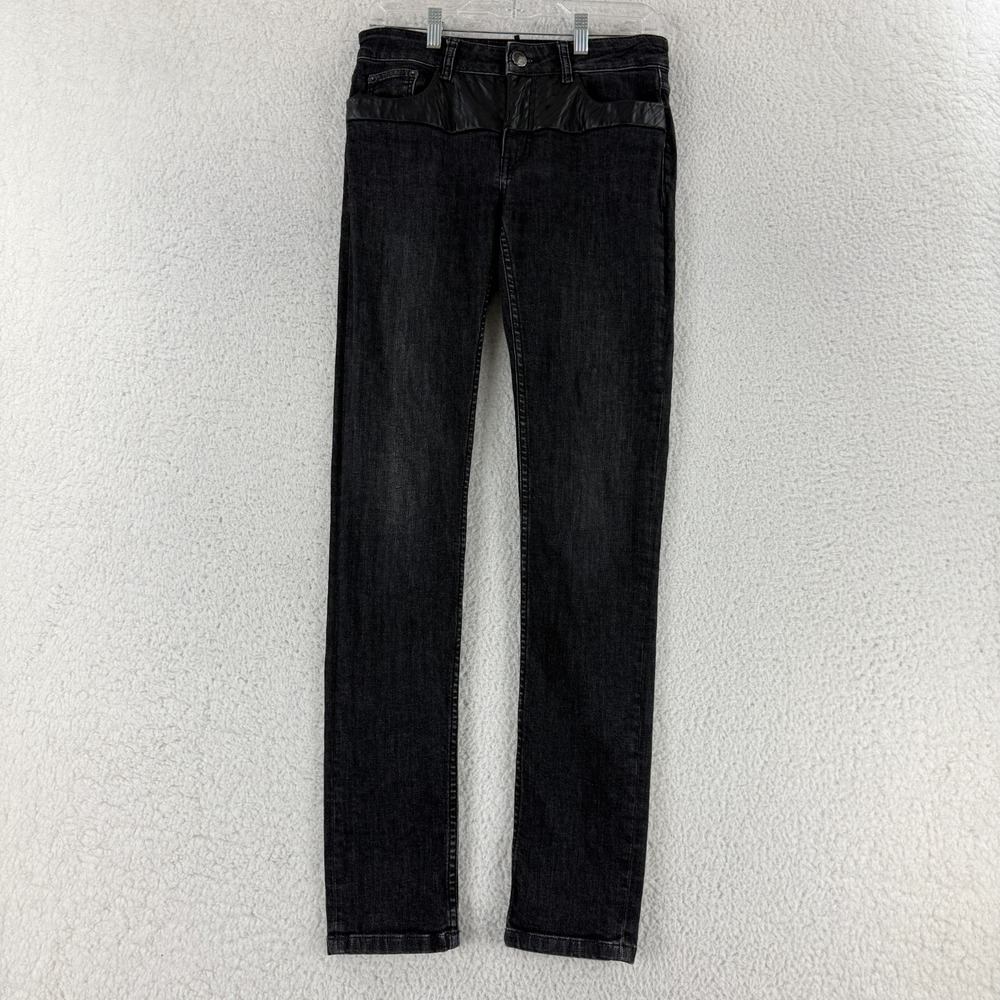 Maje Jeans Womens Medium Black Denim Leather Detail Slim Leg Mid-Rise Casual‎
